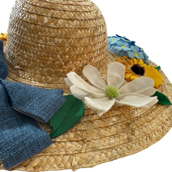 Easter Bonnet Door Decorative Wreath Spring Summer Straw Hat Floral Accents Bow - Picture 4 of 12